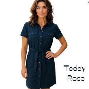 Teddy Rose Women’s Navy Button Up Belted Casual Neutral Shirt Dress NWT size Med